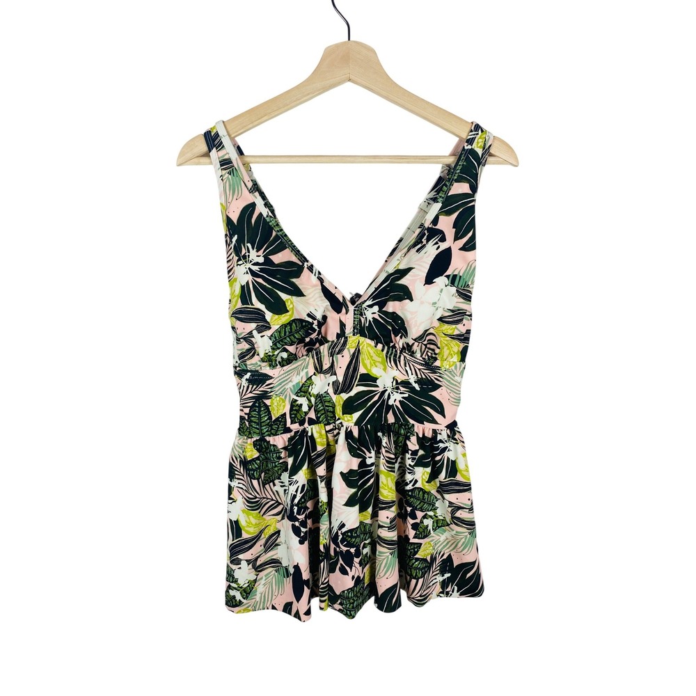 Adore Me Tropical‎ Palm Print Tankini Top Pink Green V-Neck Peplum 1X NEW
